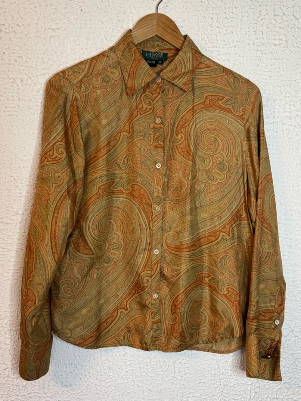 Vintage Y2K Silk Ralph Lauren Paisley Button-Down Shirt in Olive Green & Rust